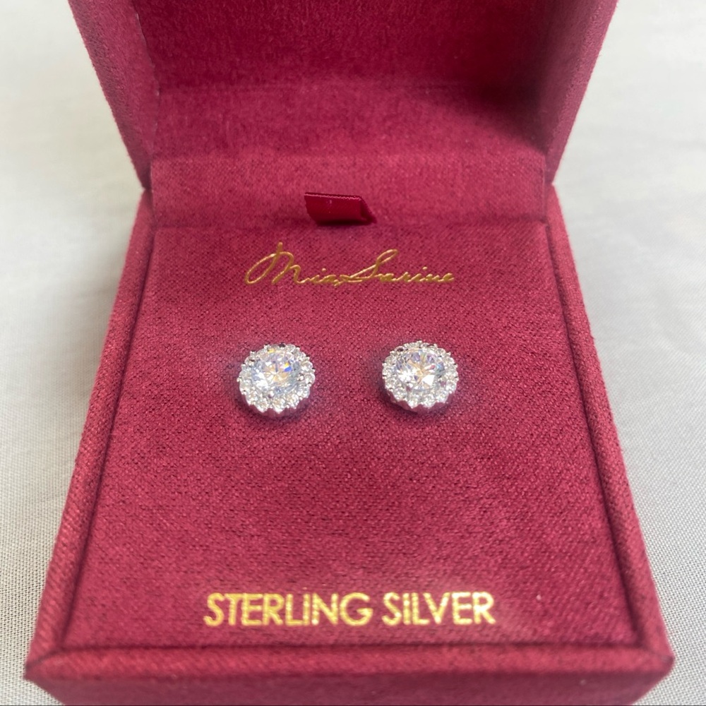 Sterling Silver CZ Cubic Zirconia 5mm Halo Stud Earrings Mia Sarine In Gift Box